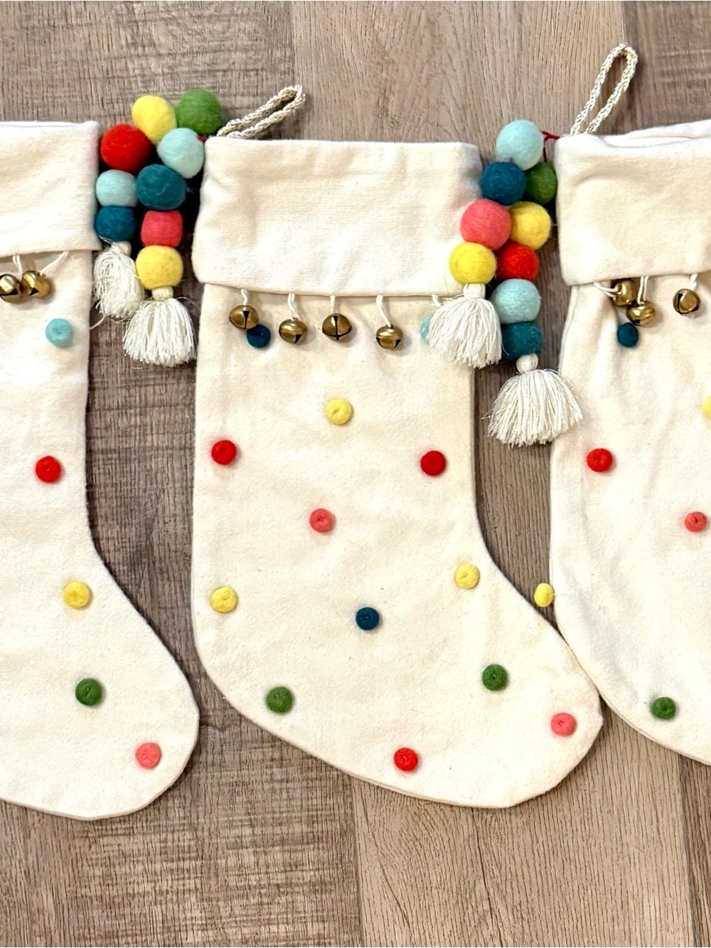 Boho Pom Pom Christmas Stockings Set of 3 Neutral Holiday Decor